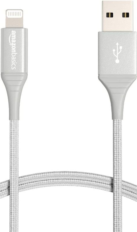 Photo 1 of Amazon Basics iPhone Charger Cable, Nylon USB Type A to Lightning, MFi Certified, for Apple iPhone 14 13 12 11 X Xs Pro, Pro Max, Plus, iPad, 10,000 Bend Lifespan, Silver, 3-Ft Silver 3 ft 1-Pack