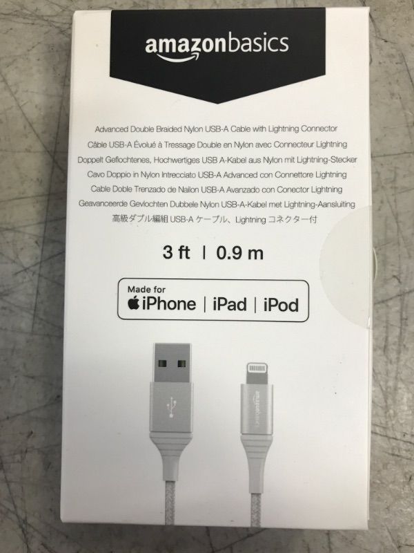 Photo 2 of Amazon Basics iPhone Charger Cable, Nylon USB Type A to Lightning, MFi Certified, for Apple iPhone 14 13 12 11 X Xs Pro, Pro Max, Plus, iPad, 10,000 Bend Lifespan, Silver, 3-Ft Silver 3 ft 1-Pack