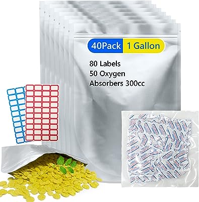 Photo 1 of 1 Gallon Mylar Bags for Food Storage with Oxygen Absorbers 300cc and Labels, Stand Up Zipper Pouches Reusable Heat Sealable Mylar Bags Vacuum Sealer for Long Term Food Storage (10"x14", 8.7 Mil, 40 Pack) https://a.co/d/2gYnGuu