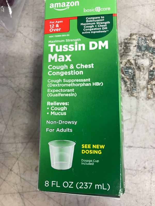 Photo 2 of Amazon Basic Care Tussin DM MAX Cough and Cold Syrup, Maximum Strength Mucus and Congestion Relief, Non-Drowsy, Raspberry Menthol Flavor, 8 Fluid Ounces