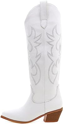 Photo 1 of Cowboy Boots for Women Embroidered Pull-On Chunky Stacked Heel Cowgirl Knee High Western Boots SZ 10