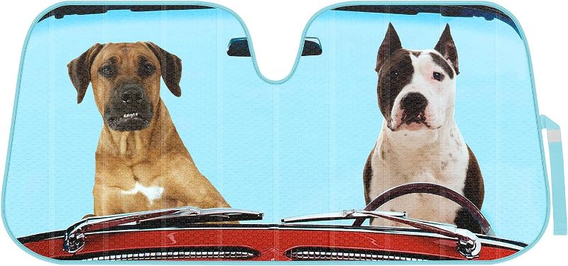 Photo 1 of 2 Dogs Driving Front Windshield Sun Shade - Accordion Folding Auto Sunshade for Car Truck SUV - Blocks UV Rays Sun Visor Protector - Keeps Your Vehicle Cool - 58 x 28 Inch
