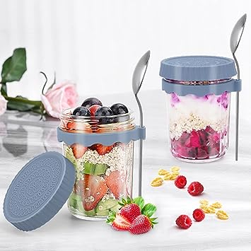 Photo 1 of 2 Pack Overnight Oats Containers with Lid and Spoon,12 oz Airtight Overnight Oats Jars Oatmeal Meal Prep Glass Jars with Measurement Marks for Breakfast Cereal Milk Yogurt Fruit Salad Chia(Grey)