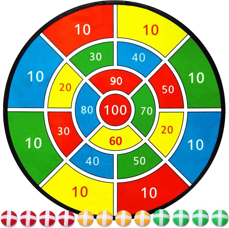 Photo 1 of Dart Board Games for Kids,28" Large Dart Board Toys for 4, 5, 6, 7, 8, 9, 10 Years Old Boys/Girls with 12 Sticky Balls and 3 Colors,Outdoor Games Safe Toy Gifts for 3, 4, 5, 6, 7 Years Old Boys
