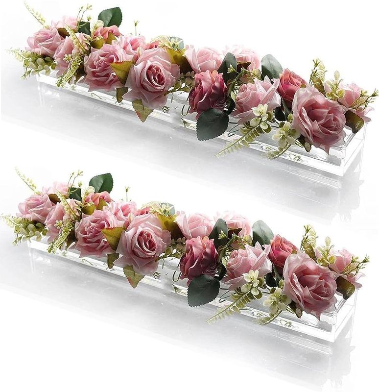 Photo 1 of 2 Pcs Acrylic Flower Vase Rectangular for Dining Table, Clear Long Acrylic Flower Vase Floral Centerpiece with 15.75 Inches 16 Holes for Home Wedding Dining Table Decor
