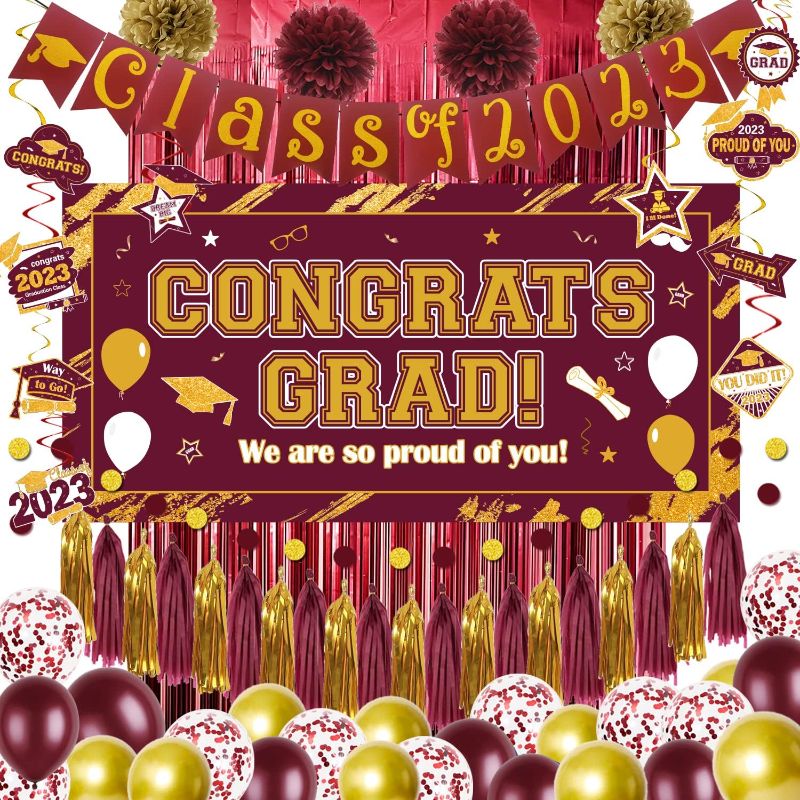 Photo 1 of 2023 Graduation Decorations Maroon and Gold Class of 2023 Banner and Congrats Grad Backdrop Paper Pompoms Hanging Swirls and Balloons for Senior High School Grad Celebration Supplies
