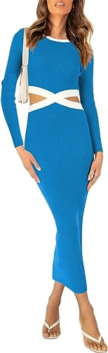 Photo 1 of Duigluw Women Long Sleeve Cut Out Waist Bodycon Knit Midi Sweater Dresses
