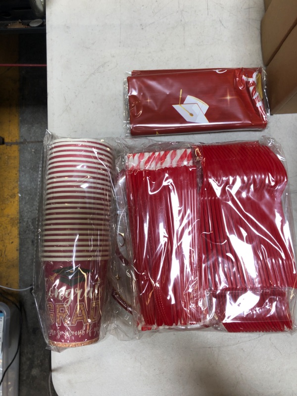 Photo 2 of 193 Pcs Graduation Party Supplies Set Grad Decoration Congrats Class of 2023 Graduation Tablecloth and Cups Plates Napkins Silverware for Event Celebration Party Supply, Serves 24 (Red and Gold)