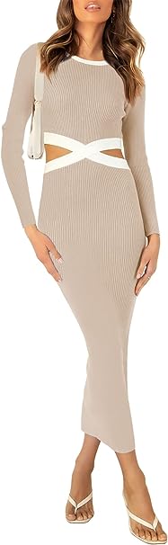 Photo 1 of Duigluw Women Long Sleeve Cut Out Waist Bodycon Knit Midi Sweater Dresses - SIZE L 