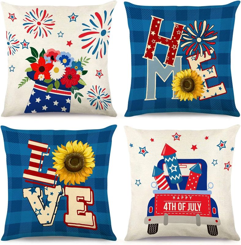 Photo 1 of 4th of July Pillow Covers 18x18, Independence Day Stars Happy 4th of July Decorative Throw Pillow Covers Set of 4, America Memorial Day Patriotic Outdoor Pillowcase Linen Cushion Case for Couch Sofa
