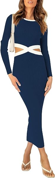 Photo 1 of Duigluw Women Long Sleeve Cut Out Waist Bodycon Knit Midi Sweater Dresses
