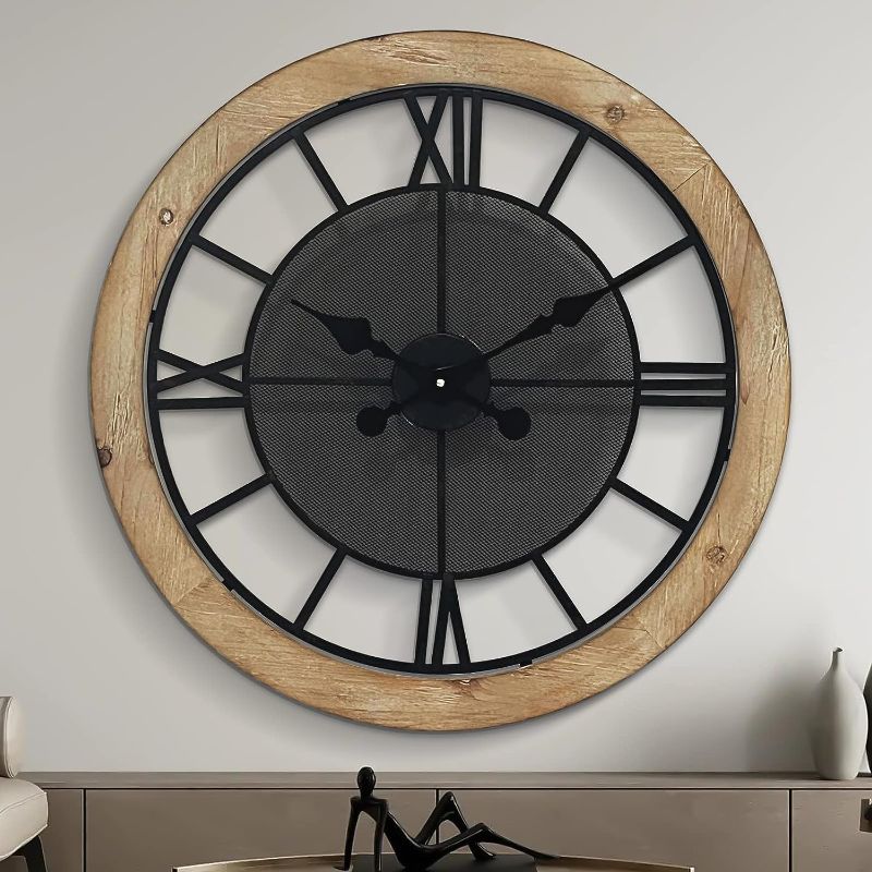 Photo 1 of ZBJZJM 24" Large Wall Clock for Living Room Decor Battery Operated Big Oversize Vintage Silent Industrial Rustic Decorative Wood Wall Clock for Office Home Bedroom Dining Room (Wood)
