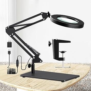 Photo 1 of 5X Magnifying Glass with Light and Stand, HITTI 2-in-1 Magnifier with Light Large Base & Clamp, 3 Color Modes Stepless Dimmable LED Magnifying Lamp, Adjustable Swing Arm for Repair, Crafts, Soldering