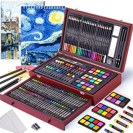 Photo 1 of 145 Piece Deluxe Art Set with 2 x 50 Sheet Drawing Pad, Art Supplies Wooden Art Box, Drawing Painting Kit with Crayons, Oil Pastels, Colored Pencils, Creative Gift Box for Adults Artist Beginners