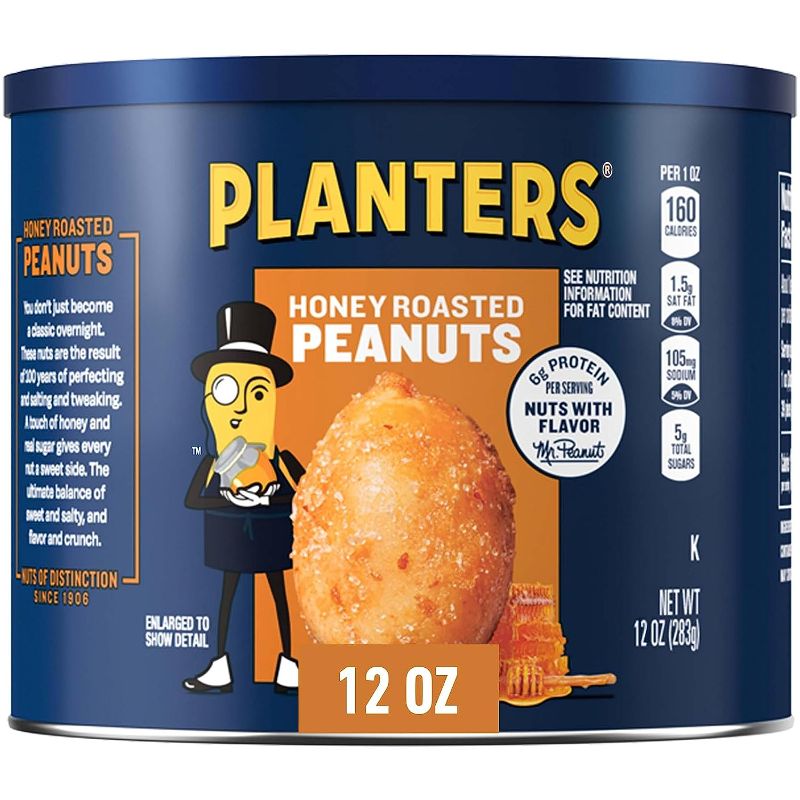 Photo 1 of 12 Jras Planters Dry Roasted Peanuts, Honey Roasted, 12 Ounce ----exp date. 08/2023