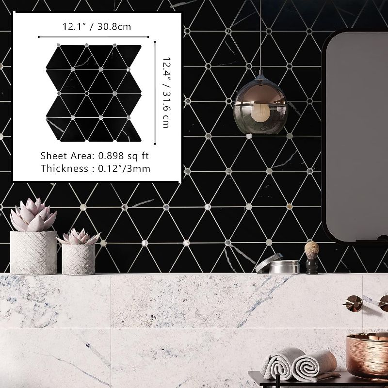 Photo 1 of 1pc--The Tiles plaza Diamond Marble Backsplash Peel and Stick. Glass Mirror Stick on Tile for Kitchen Bathroom Fireplace. Black Stone Wall Tile 