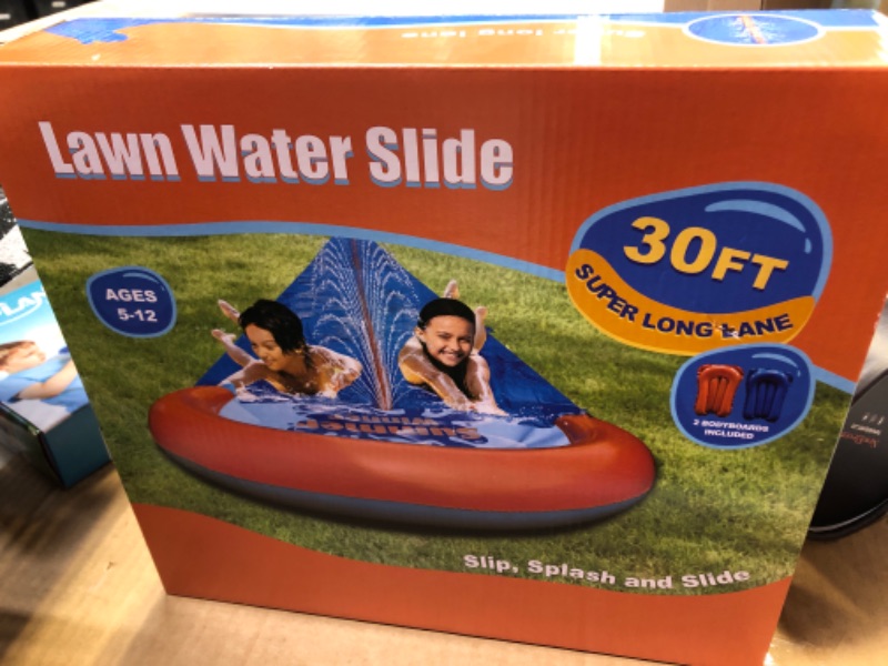 Photo 1 of 30Ft Water Slides with 2 Bodyboards, Lawn Water Slide Summer Slip Waterslides Water Toy with Build in Sprinkler for Backyard Outdoor Water Fun for Kids Adult, Slip Water Slide for Backyard Heavy Duty