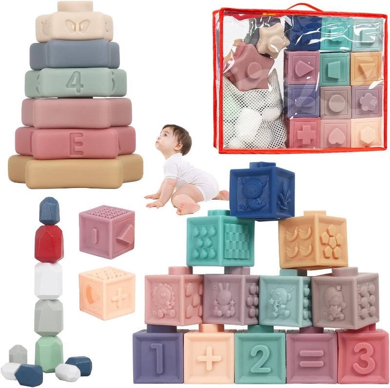 Photo 1 of BENIMUS Montessori Toys Set Sensory Development Toy for Baby Toddler, Including Soft Building Blocks & Star Shape Stacking Ring & Wooden Sorting Stacking Rocks for Kids 6 Month+ Boys Girls