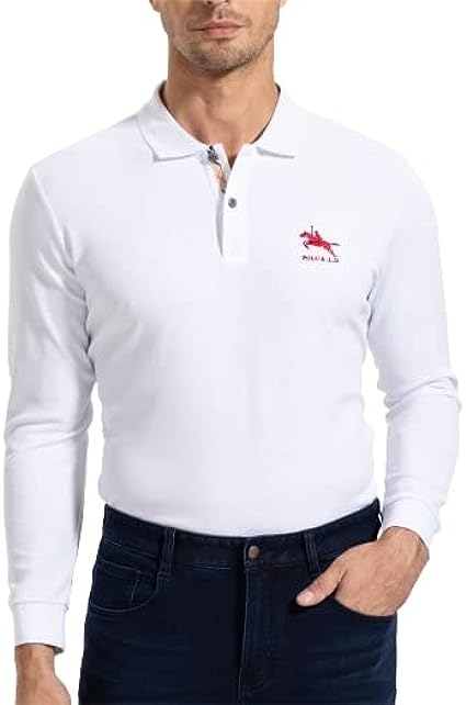 Photo 1 of LANGDENG Men's Zip Up Polo Shirts Long Sleeve White