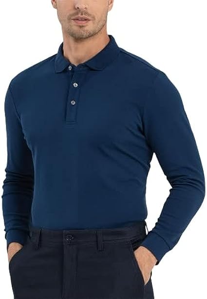 Photo 1 of LANGDENG Men's Long Sleeve Regular-Fit Polo Shirts Workout T-Shirt Cotton Shirts Blue SIZE LARGE