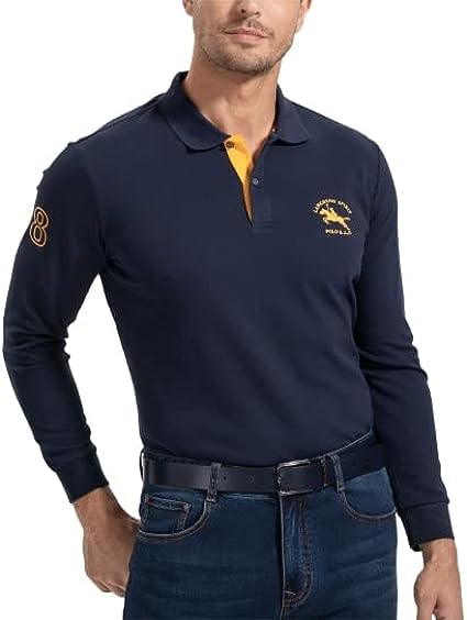 Photo 1 of LANGDENG Men's Zip Up Polo Shirts Long Sleeve Dark Blue