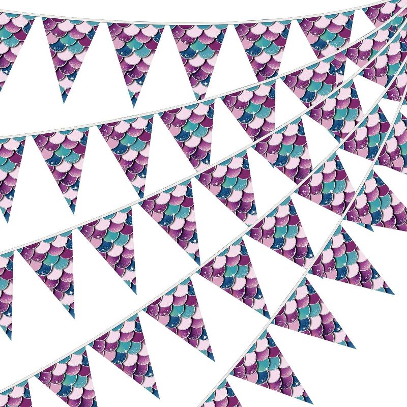 Photo 1 of 5 Pcs Mermaid Pennant Banner Mermaid Party Pennant Flags Mermaid Party Supplies Sea Garland Triangle Flags Mermaid Bunting Banner for Girl Ocean Theme Party Baby Shower Supply