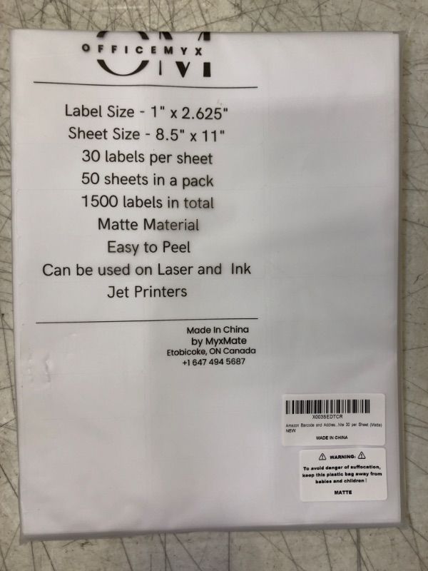 Photo 2 of Barcode and Address Labels 1" x 2-5/8" 1500 30 UP Labels Sticker Paper for Laser and Ink Jet Printer Mailing Labels 8.5"×11" White 30 per Sheet (Matte)