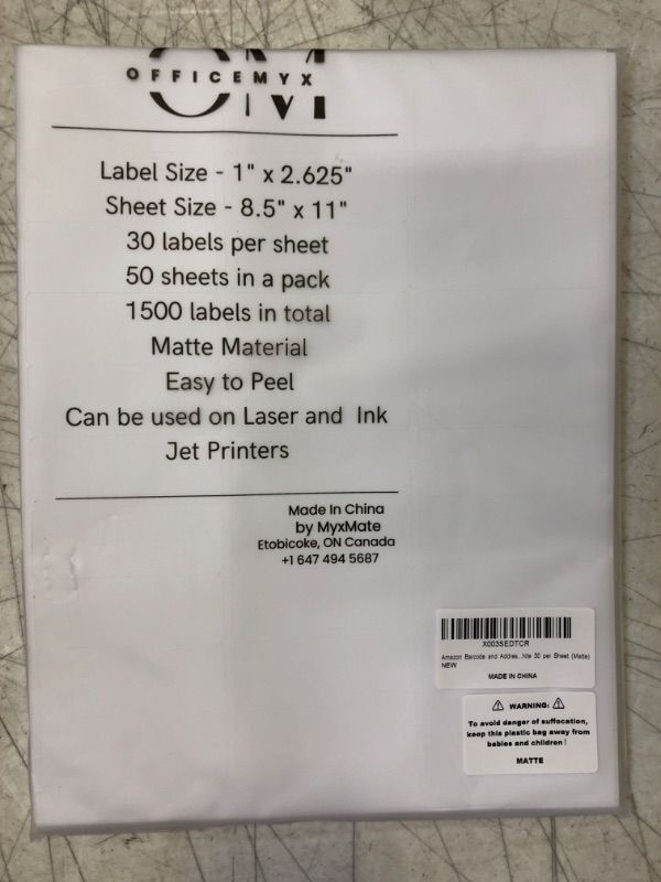 Photo 1 of Barcode and Address Labels 1" x 2-5/8" 1500 30 UP Labels Sticker Paper for Laser and Ink Jet Printer Mailing Labels 8.5"×11" White 30 per Sheet (Matte)