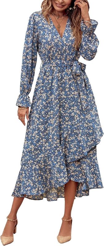 Photo 1 of BTFBM Women Long Sleeve Wrap Maxi Dress V Neck Boho Floral High Waist Flowy Ruffle 2023 Summer Fall Dresses with Belt L
 