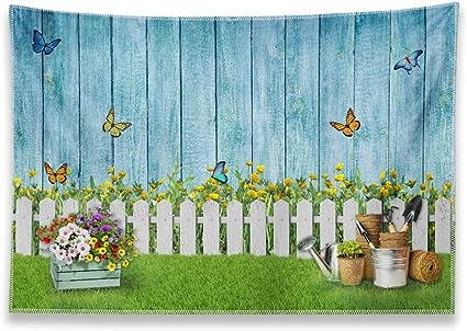 Photo 1 of ZTHMOE 10x8ft Fabric Spring Photography Backdrop Easter Garden Floral Background Butterfly Grass Blue Wooden Wall Banner Photo Booth Studio Props
