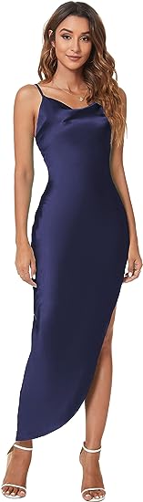 Photo 1 of Aigeman Elegant Spaghetti Straps Evening Cocktail Satin Dress Cowl Drape Neck Irregular Hem Maxi Dress 72078 Size; XS
