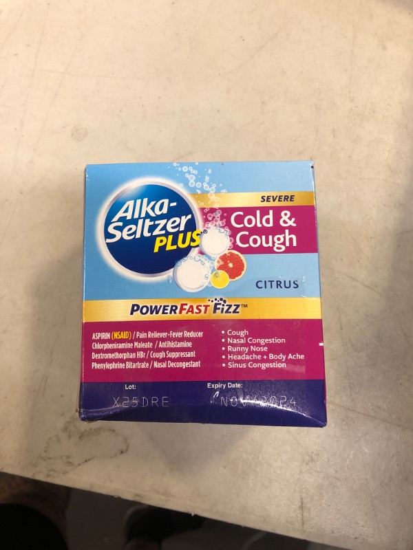 Photo 1 of Alka-Seltzer Plus Severe,Cold & Cough Medicine For Adults,PowerFast Fizz Citrus Effervescent Tablets,Fast Relief of Headache,Sore Throat,Cough,Nasal & Sinus Congestion,Runny Nose,& Fever,48ct 48 Count (Pack of 1)