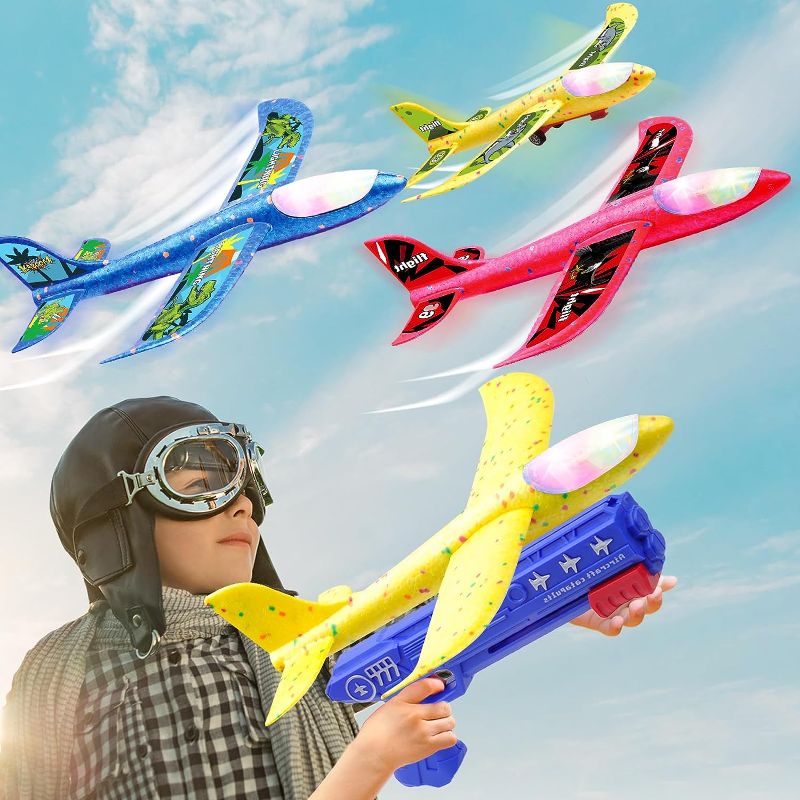 Photo 1 of 3 Pack Airplane Launch Toys with LED Lights and 2 Flight Modes, Perfect Outdoor Sports Flying Toy with 3 DIY Stickers for Boys and Girls 4 5 6 7 8 9 10 12 Years
