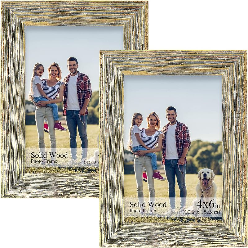 Photo 1 of 4x6 Picture Frame - Made of Solid Wood and High Definition Real Glass, 4x6 Frames Set of 2 Display Pictures or Print 4x6 for Tabletop or Wall Display (Gold)
