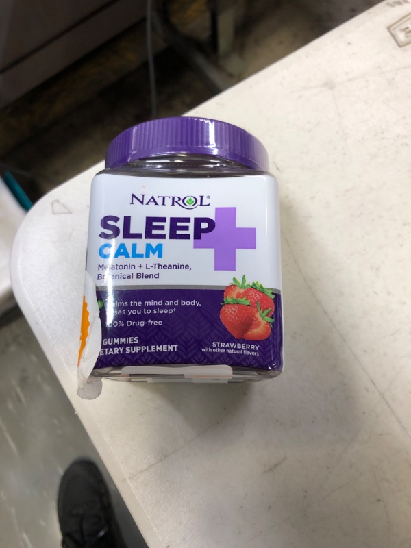 Photo 2 of best by 10/23   Natrol Sleep+ Calm, Drug Free Sleep Aid Supplement, Calm an Active Mind, Ease to Sleep, 60 Strawberry Flavored Gummies