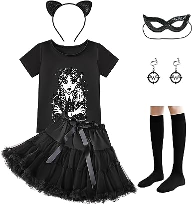 Photo 1 of Wednesday Addams Dress Girls Kids Costume Birthday Halloween Cosplay Party with Earrings and Socks 3-10 Years
