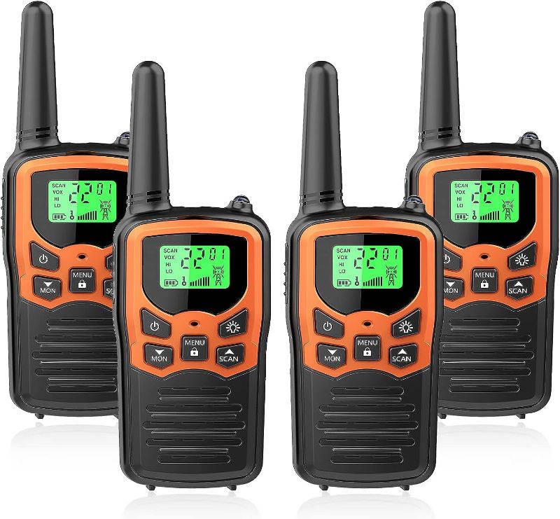 Photo 1 of 22 FRS Channels MOICO Walkie Talkies for Adults with LED Flashlight VOX Scan LCD Display, Long Range Family Radios for Hiking Camping Trip (Orange, 4 Pack)
