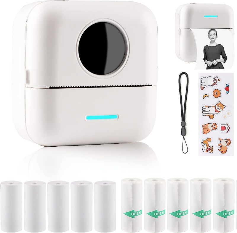 Photo 1 of HuiJuKeJi Mini Sticker Printer Bluetooth Smart Pocket Inkless Thermal Printer with 10 Rolls Thermal Paper and Sticker for iOS&Android, Portable Receipt Printer for Photo Journal Notes Memo
