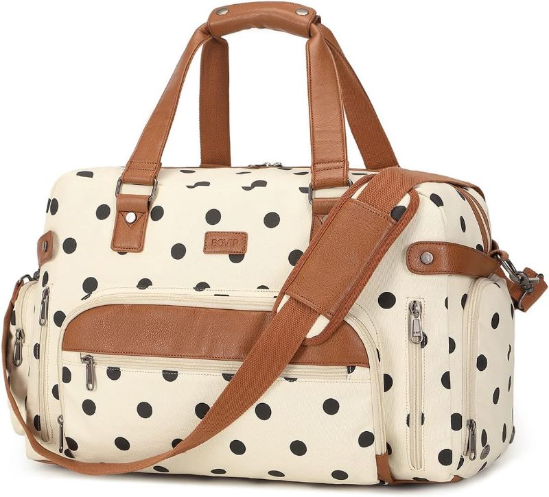Photo 1 of BOVIP Canvas Overnight Bag Travel Carry on Shoulder Duffel Bag Weekender Bag Yoga Gym Tote Bag with Shoes Compartment for Men Women Dots
