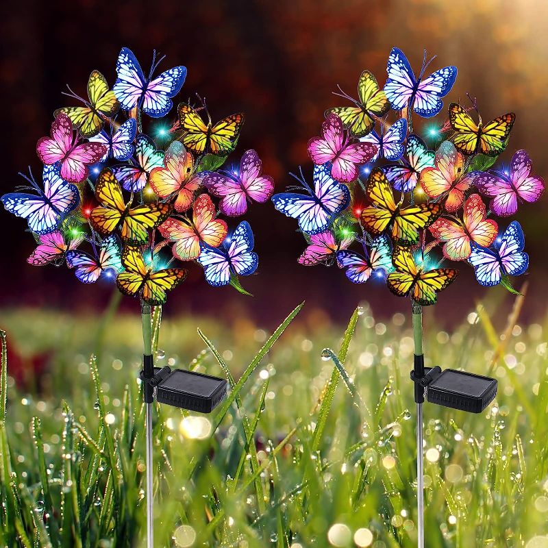 Photo 1 of Adecorty Solar Garden Lights Outdoor Waterproof Christmas Lights New Upgraded 2 Pack with 44 LED 34 Butterfly Solar Lights for Xmas Yard Pathway Halloween Cemetery Grave Decorations Flower Stake Decor
