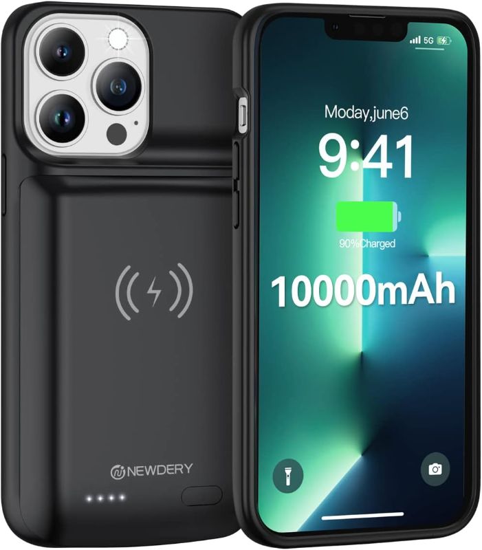 Photo 1 of NEWDERY Battery Case for iPhone 13 Pro/13 10000mAh, Qi Wireless Charging & Wired Earphone & Sync-Data Supported, Portable Extended Charger Case for iPhone 13 Pro/13, 6.1 inch Black
