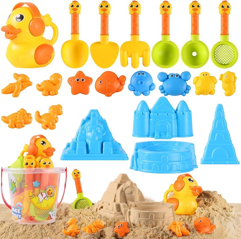 Photo 1 of FENYAN Beach Toys for Kids, 22Pcs Toddler Sand Toys Includes Beach Bucket, Sand Castle Kit, Duck-Shape Watering Can, Sand Spade, Shovel, Rake, Sieve, Dinosaur Sand Molds for Preschool Boys Girls
