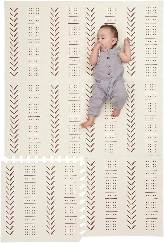 Photo 1 of CHILDLIKE BEHAVIOR Baby Play Mat - Play Pen Tummy Time Mat & Crawling Mat Foam Play Mat for Baby with Interlocking Floor Tiles 72x48 Inches Puzzle - Baby Floor Mat Infants & Toddlers (X-Large, Beige) 72x48 Inch Beige Mudcloth