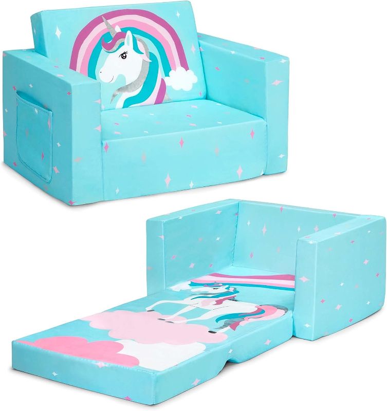 Photo 1 of Delta Children Cozee 2-in-1 Convertible Sofa to Lounger - Comfy Flip Open Couch/Sleeper for Kids, Blue Unicorn
