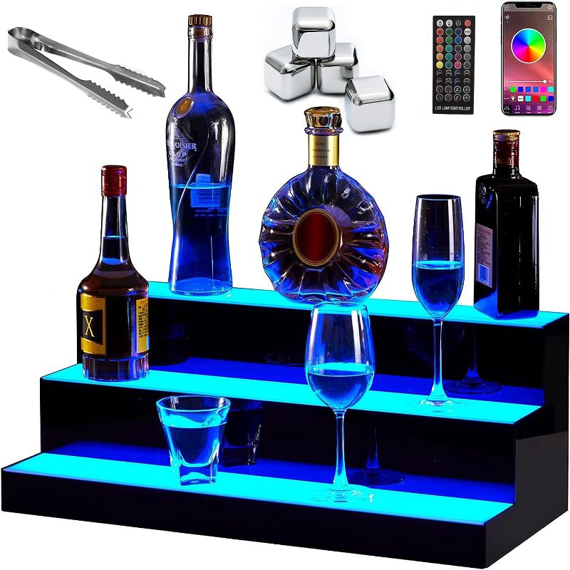 Photo 1 of  LED Lighted Liquor Bottle Display Shelf 3 Step BluetoothControl &Remote Control Illuminated Bottle Shelf 3Tier Home Bar Drinks Lighting Shelves W/Bartending Set
