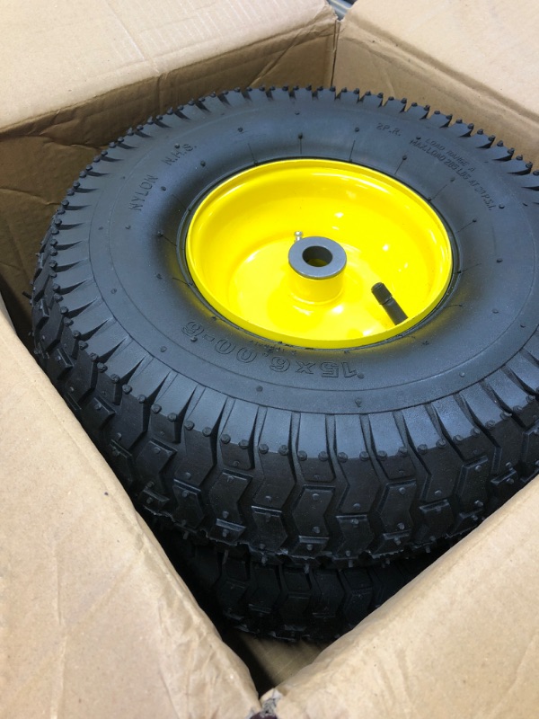 Photo 1 of (2 Pack) AR-PRO Exact Replacement 15" x 6.00 - 6" Front Tire and Wheel Assemblies for John Deere Riding Mowers - Compatible with John Deere 100 and D100 Series - 3” Hub Offset and 3/4” Bushings 15" x 6.00-6" Yellow
