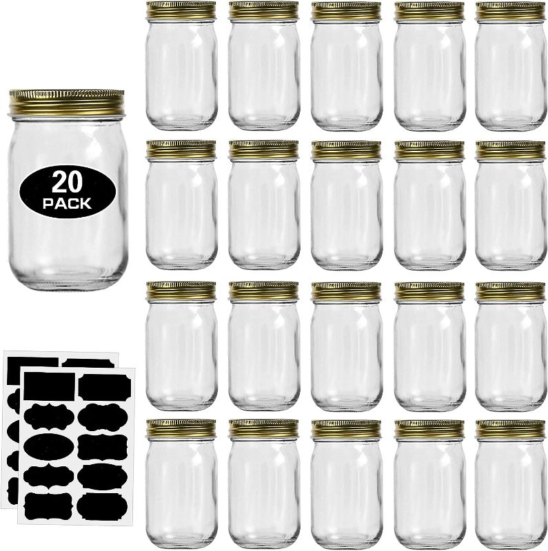 Photo 1 of 12oz Glass Jars With Lids Regular Mouth 20 Pack -Mason Jars 12 oz For Crafts, Meal Prep, Canning Jars For Food Storage Frascos De Vidrio Con Tapa Para Conservas-with 20 Chalkboard Stickers-Gold Lid
