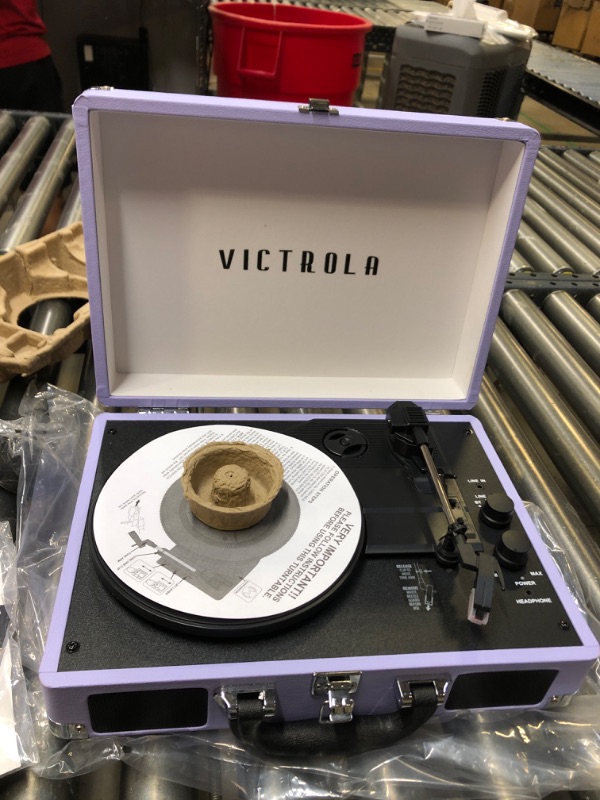 Photo 4 of Victrola Vintage 3-Speed Bluetooth Portable Suitcase Record Player with Built-in Speakers | Upgraded Turntable Audio Sound | Lavender (VSC-550BT-LVG) Lavender/Silver Record Player