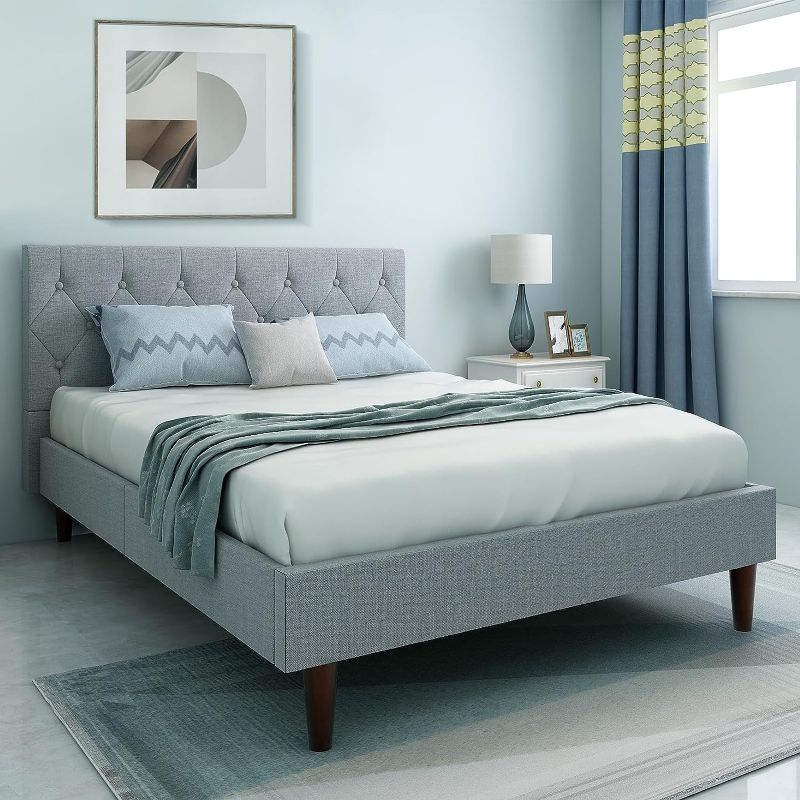 Photo 1 of Yegee Queen Size Platform Bed Frame with Linen Upholstered Headboard, Strong Frame and Wooden Slats Support, No Box Spring Needed, Non-Slip and Noise-Free, Easy Assembly

