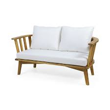 Photo 1 of Nehemiah Outdoor Wooden Loveseat with Cushions, White, Teak Finish